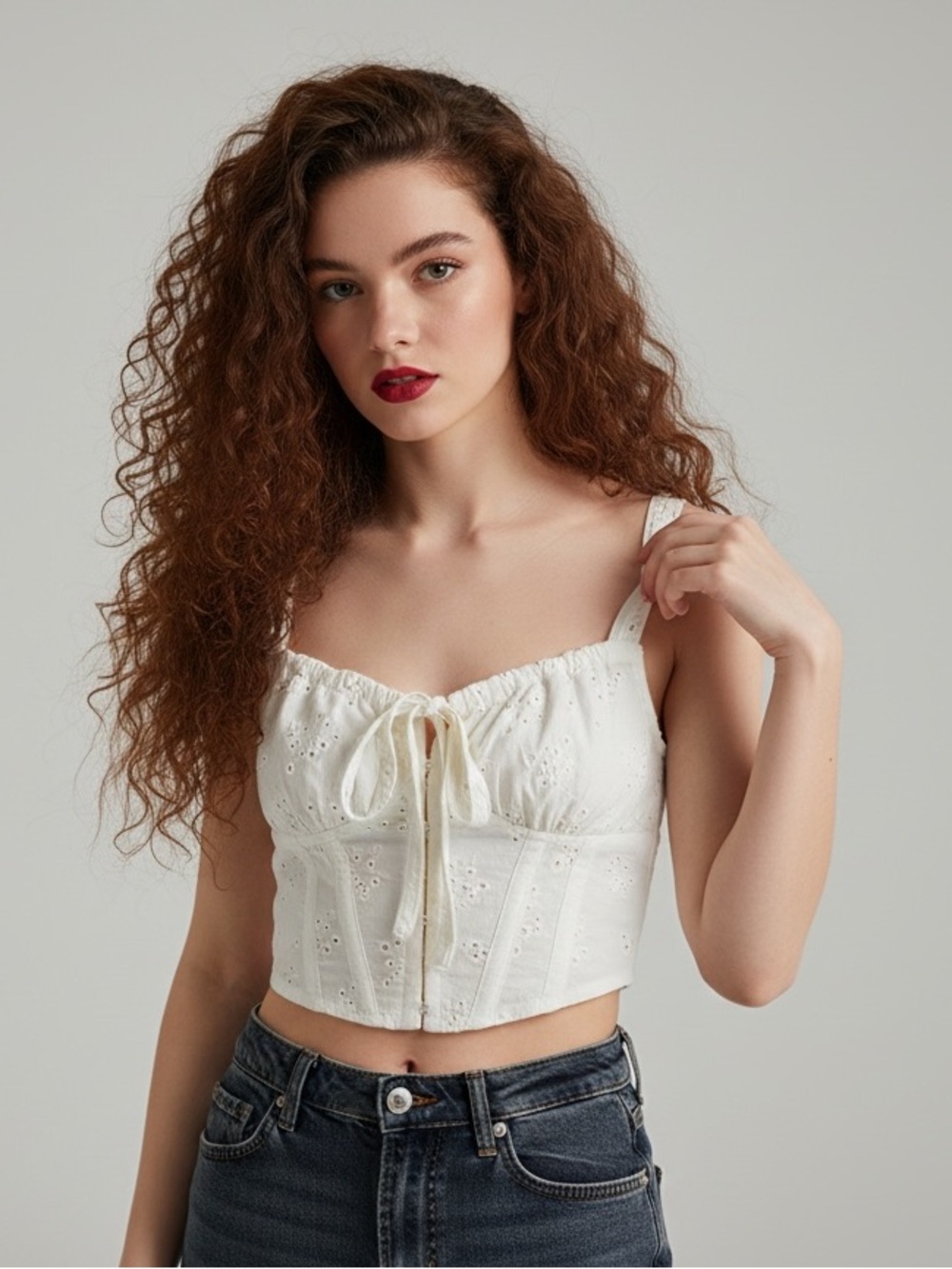 Love Tree White Eyelet Corset Crop Milkmaid Top Size M